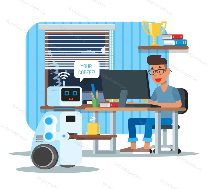 Domestic personal assistance robot brings coffee to his owner at home. Robotics technology concept vector illustration.