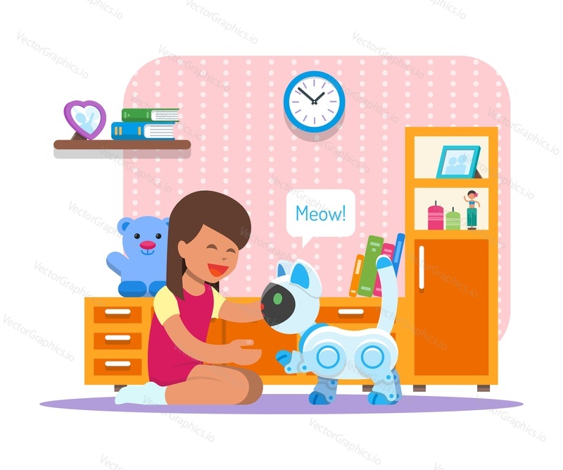 Girl playing with home cat robot. Robotics technology concept vector illustration.