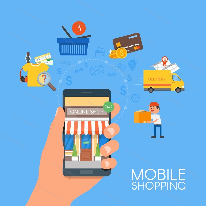Online mobile shopping concept. Vector illustration in flat style design. Smartphone with purchase icons, bank card, shopping cart, delivery service. Payment on internet.