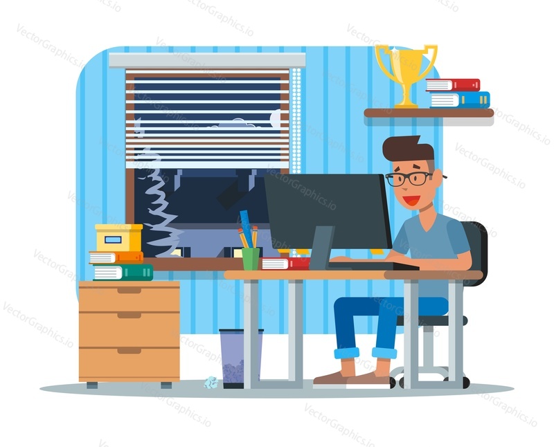 Vector illustration of young man working at computer. Workplace interior and cartoon character in flat design.
