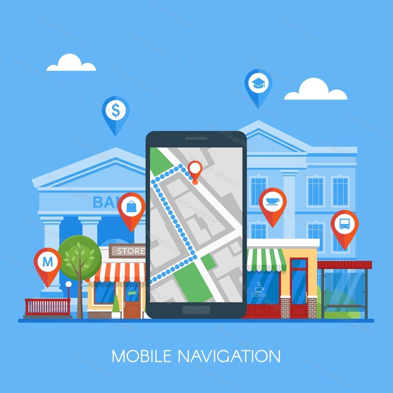 Mobile navigation concept vector illustration. Smartphone with gps city map on screen and route. Check-in symbols. Flat design.