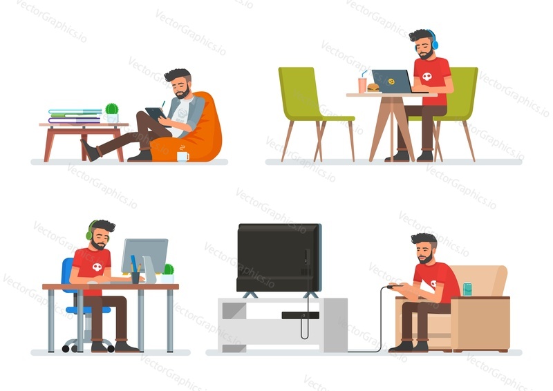 Vector set of cartoon people characters in flat style design. Hipster man playing video games, reading electronic book and working with computer. People icons isolated on white