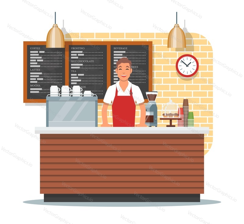 Vector illustration of coffee shop design element with barista standing behind of bar counter, coffee making equipment, utensils, menu. Coffee shop interior and cartoon character in flat design.