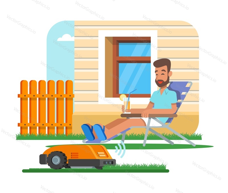 Vector illustration of home robot trimming lawn and man sitting in armchair near house with glass of lemonade, having rest. Cartoon characters in flat design.
