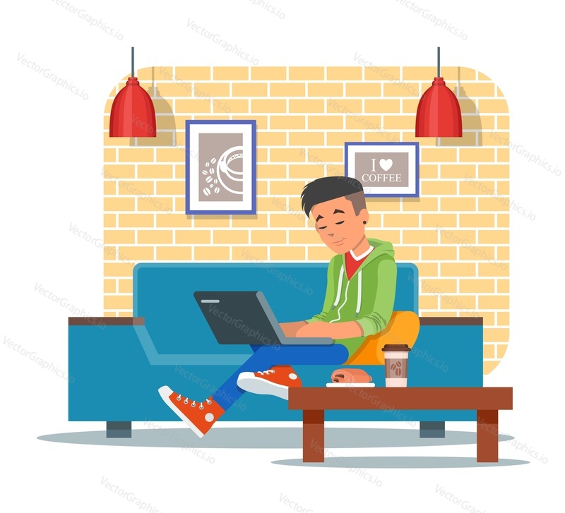Vector illustration of coffee shop design element with visitor, young man with laptop sitting on sofa. Coffee shop interior and cartoon character in flat design.