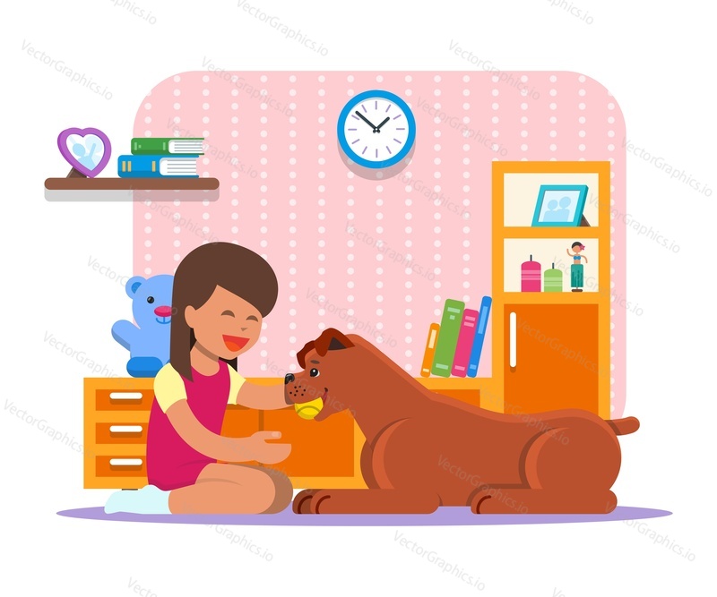 Vector illustration of little girl sitting on carpet and playing with her dog in children room. Pet animal. Nursery interior and cartoon characters in flat design.