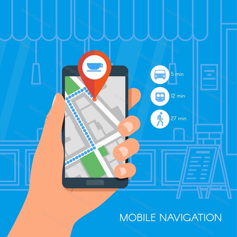 Mobile navigation concept vector illustration. Hand holding smartphone with gps city map on screen and route. Check-in symbols. Flat design.