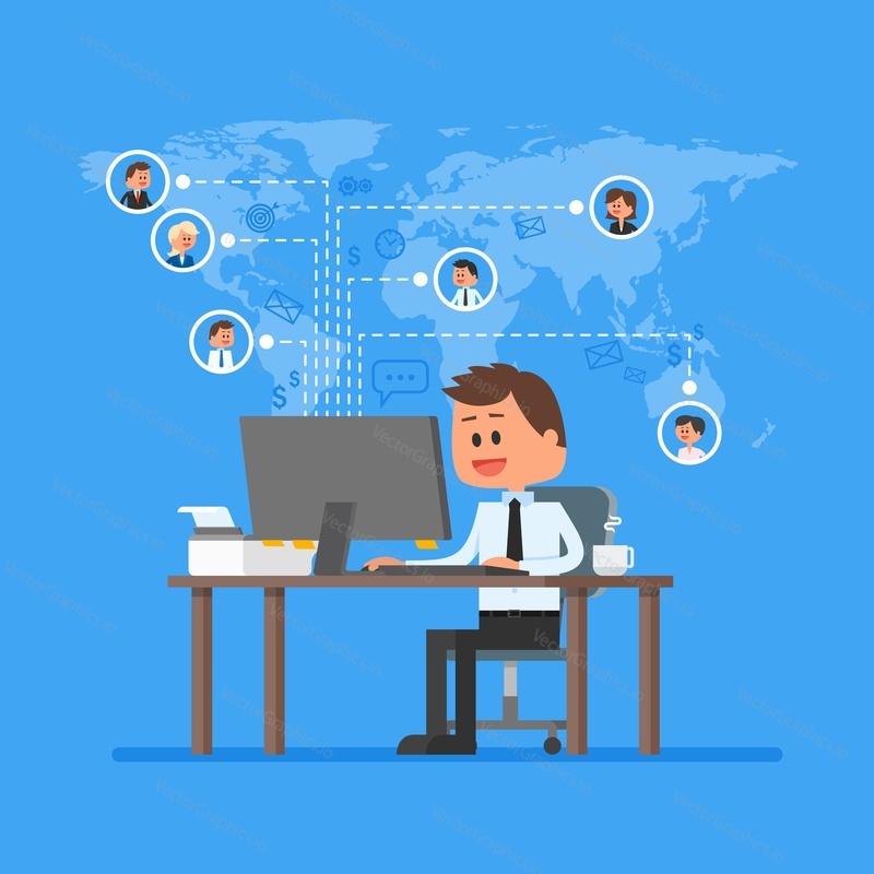 Remote team working concept vector. Work from home illustration in flat style design. Remote business control and project management. Freelance job. Social network and internet friends concept.