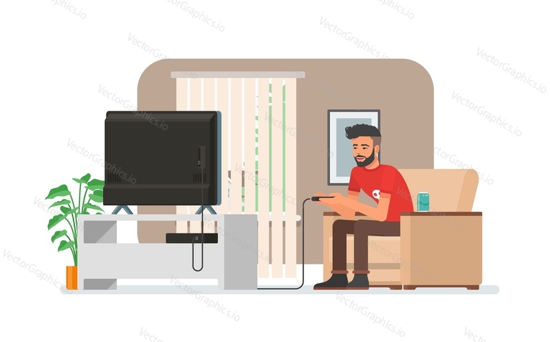 Smiling man playing video game console at home. Vector illustration with the hipster guy sits on sofa, holds game controller and watches TV. Room interior in flat style design.