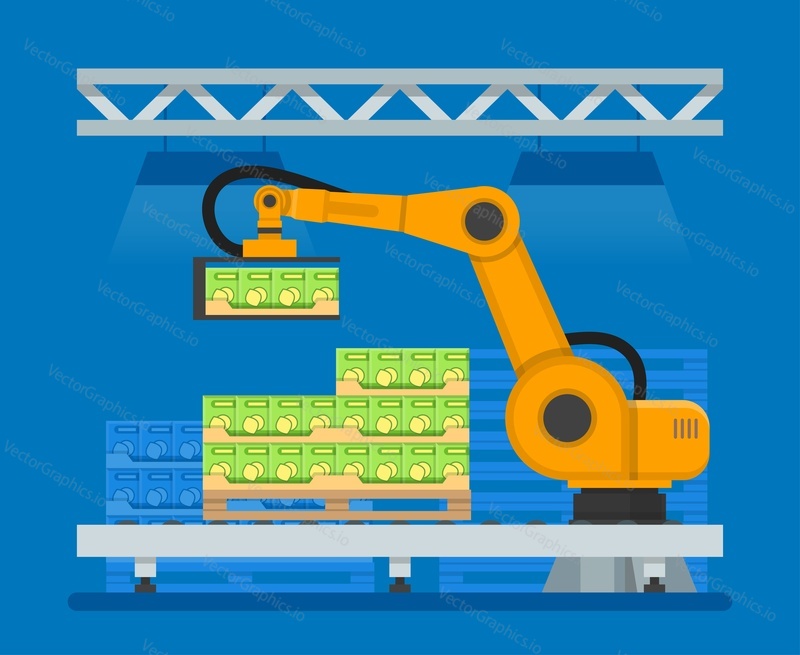 Vector illustration of industrial robot for palletizing food products. Cardboard boxes on pallet, conveyor belt. Factory automation concept design element in flat style.