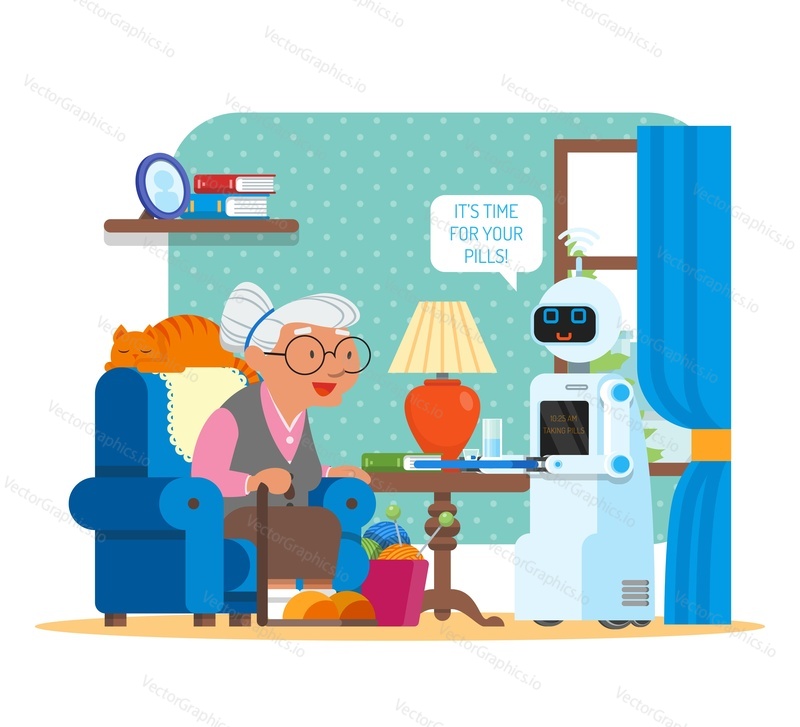 Vector illustration of home robot giving pills to grandmother. Robot assistant concept. Its time for your pills speech bubble. Cartoon characters and living room interior in flat design.