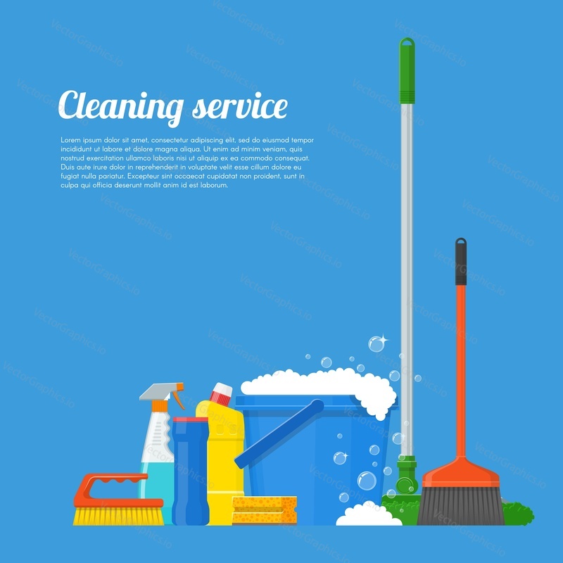 Cleaning service company concept vector illustration. House Cleaning tools poster design in flat style.