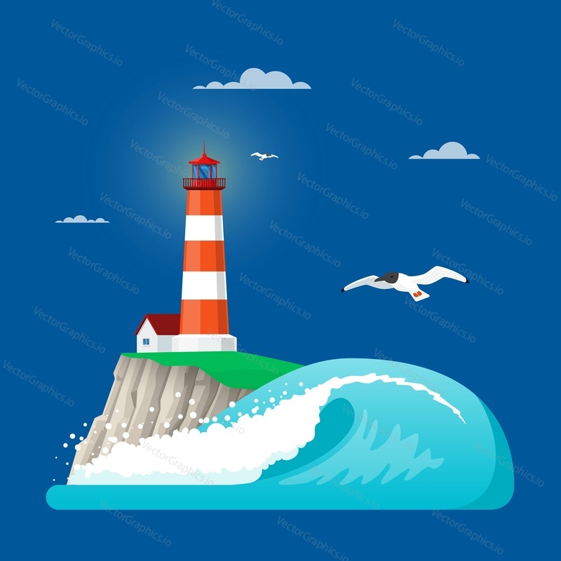 Vector illustration of lighthouse on coastline rock or island rock, ocean wave and seagulls. Flat style design elements.