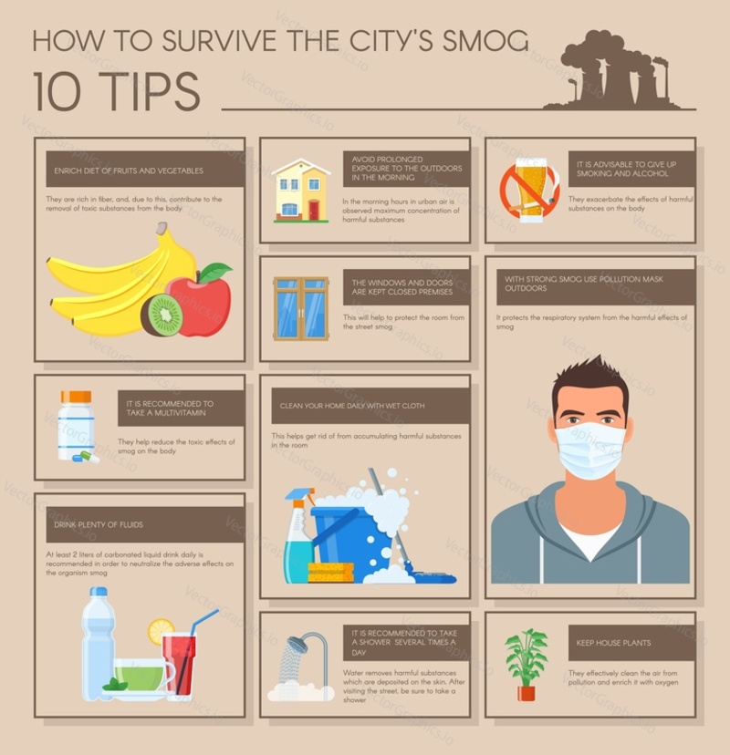 Smog infographic vector illustration. How to survive in city with smog. Design elements and icons in flat style. Pollutions and ecology risk concept.