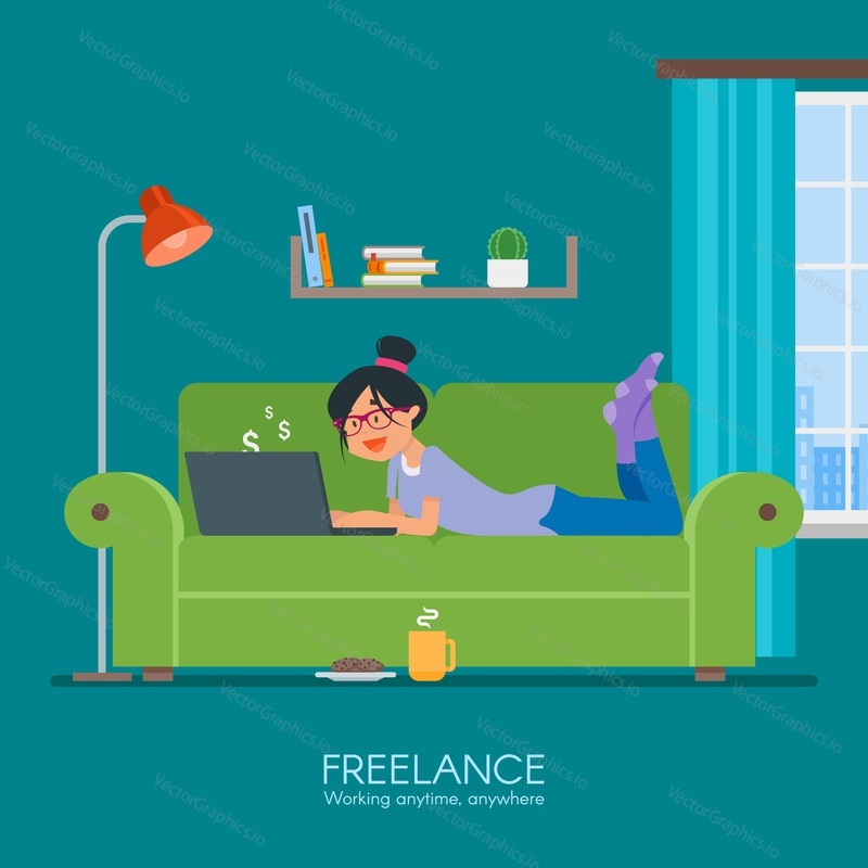 Female freelancer working remotely from her room. Freelance concept vector illustration in flat style design. Home office workplace. Online shopping.
