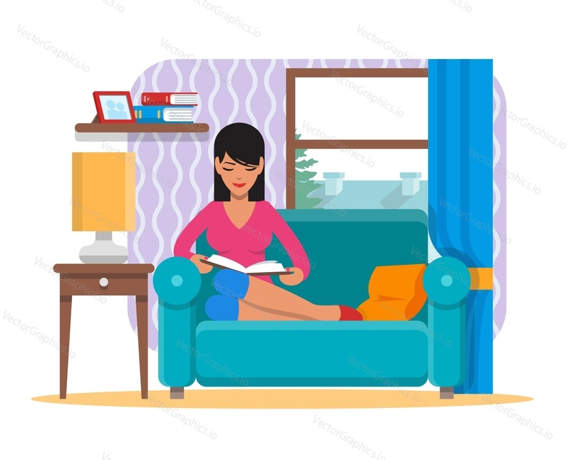 Vector illustration of woman sitting on sofa and reading book. Living room interior and cartoon character in flat design.
