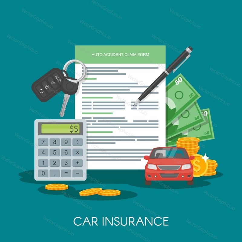 Car insurance form concept vector illustration. Auto keys, car, calculator and money.