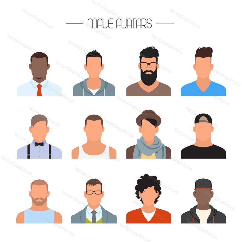 Male avatar icons vector set. People characters in flat style. Design elements isolated on white background. Faces with different styles and nationalities.