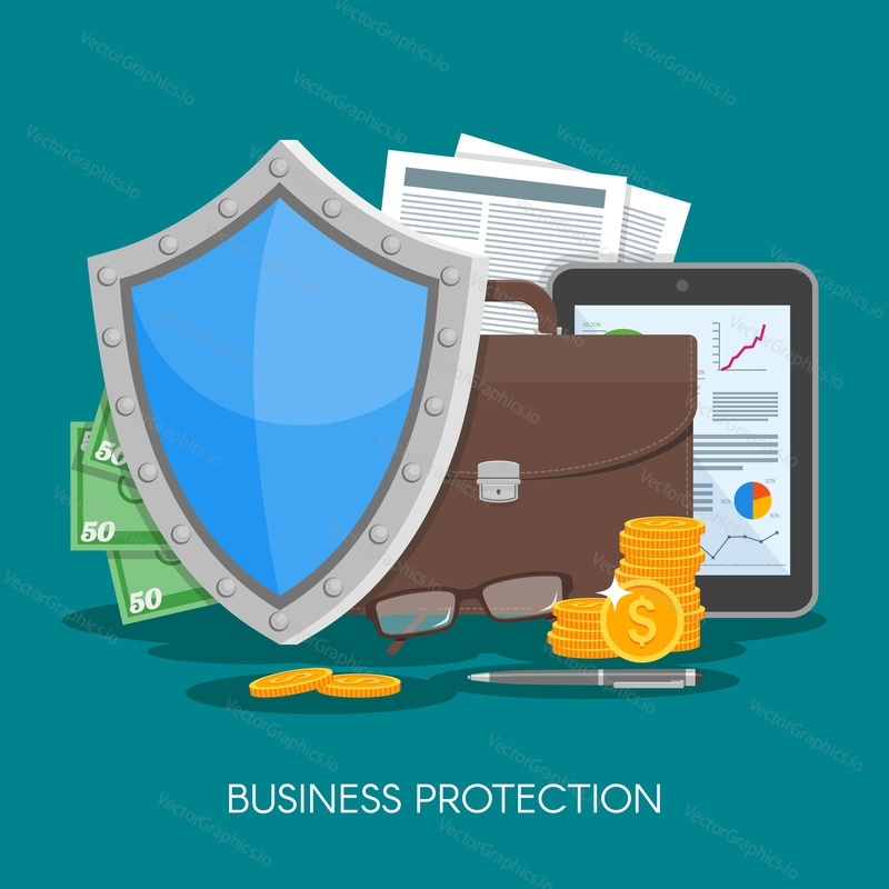 Business protection concept vector illustration. Shield protect data and business from risks. Poster in flat style design.