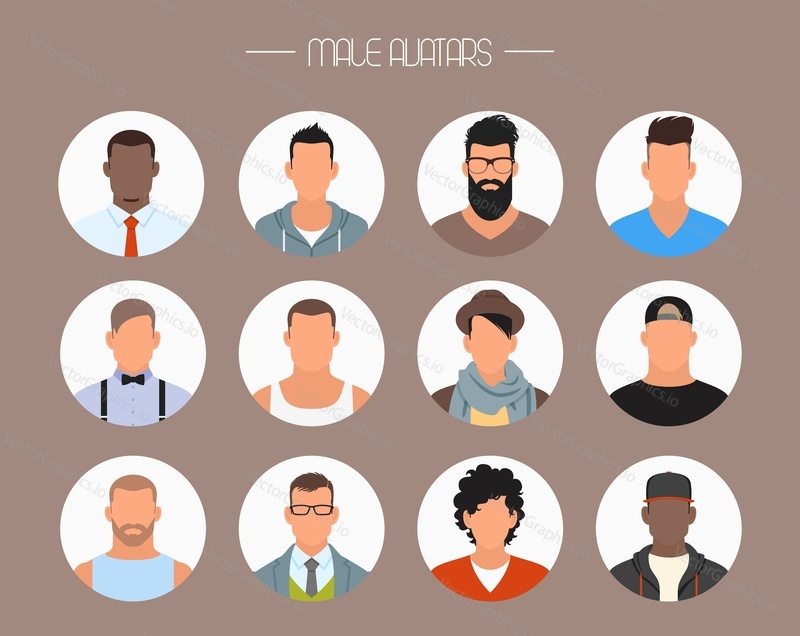 Male avatar icons vector set. People characters in flat style. Design elements isolated on white background. Faces with different styles and nationalities.