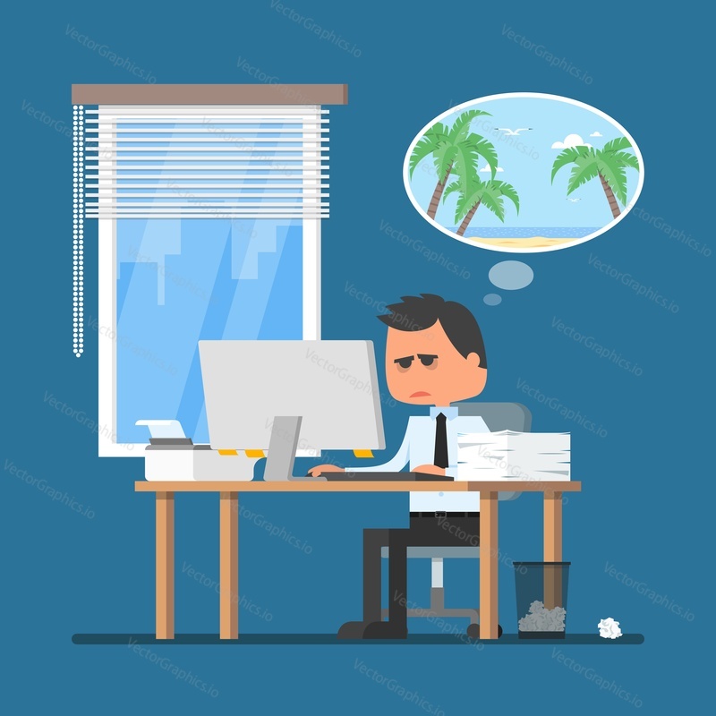 Business man working hard and dreaming about vacation on a beach. Vector illustration in flat cartoon style. Office worker in stress dreaming to go to tropical island.