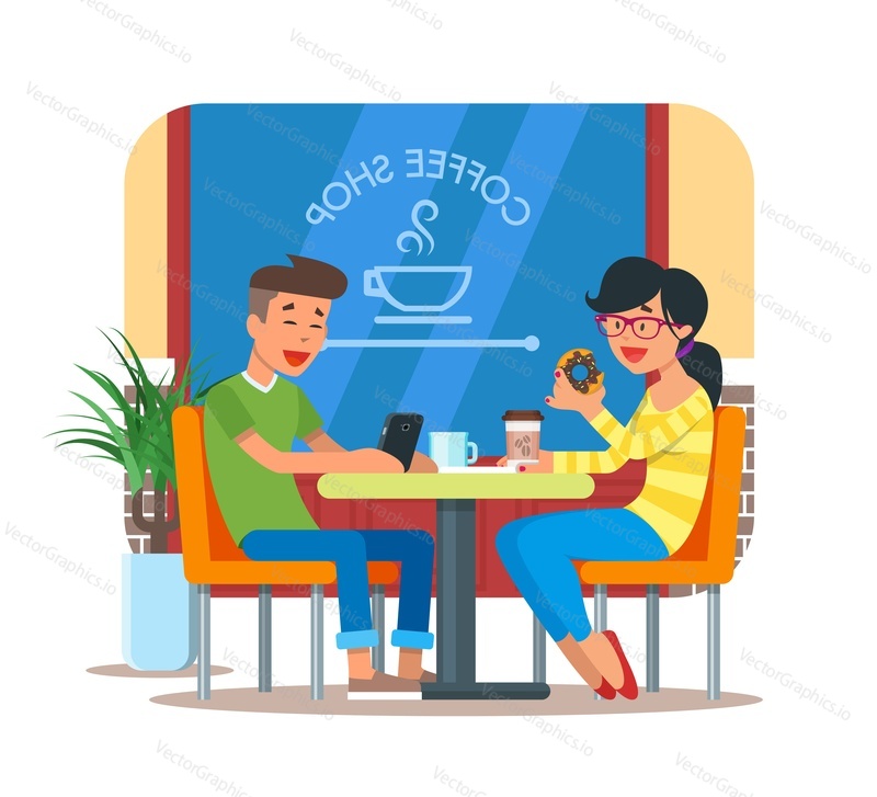 Vector illustration of coffee shop design element with visitors, young couple sitting at table and having breakfast or coffee break. Coffee shop interior and cartoon character in flat design.