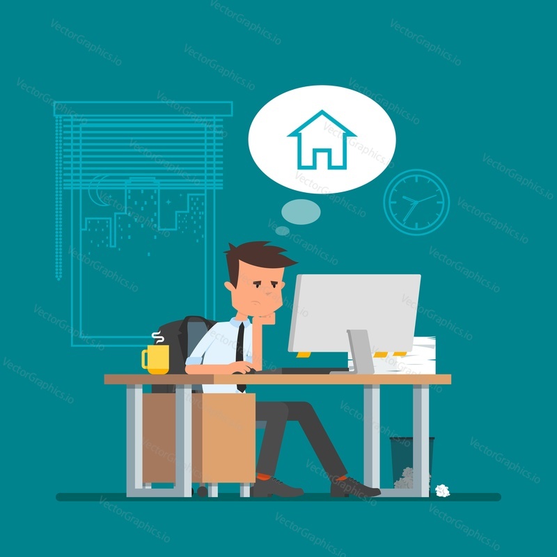 Business man working and dreaming about home. Vector illustration in flat cartoon style. Office worker in stress dreaming to go back home.