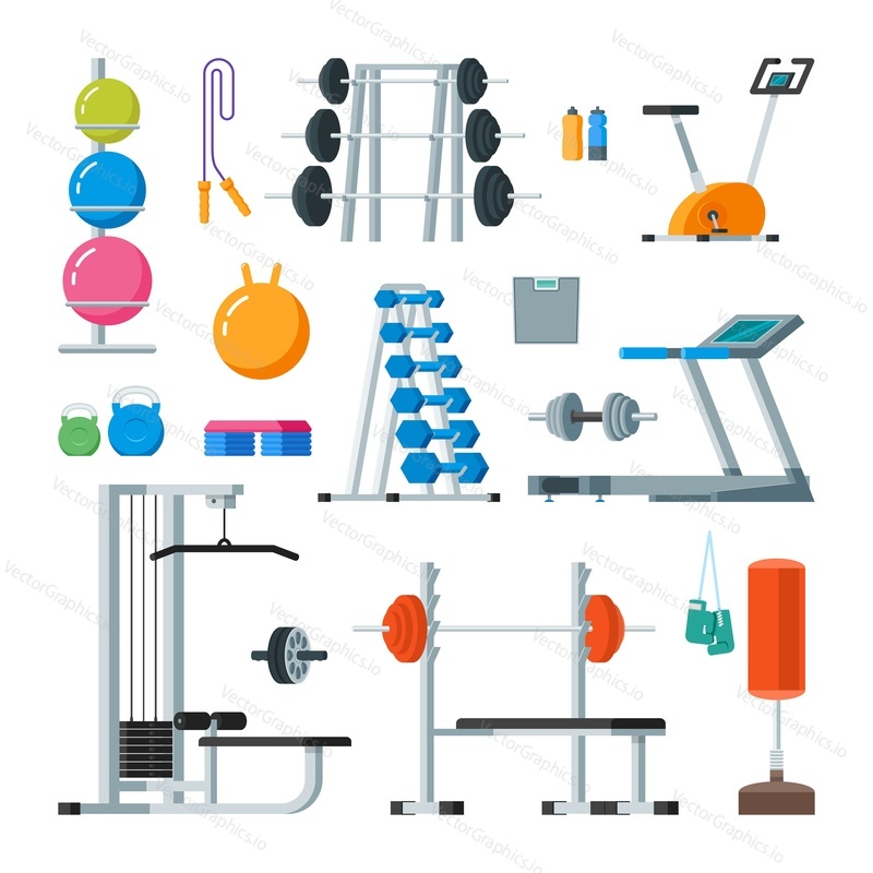 Fitness and workout exercise in gym. Vector set of gym icons in flat style isolated on white background. Gym equipment, dumbbell, weights, treadmill, ball.