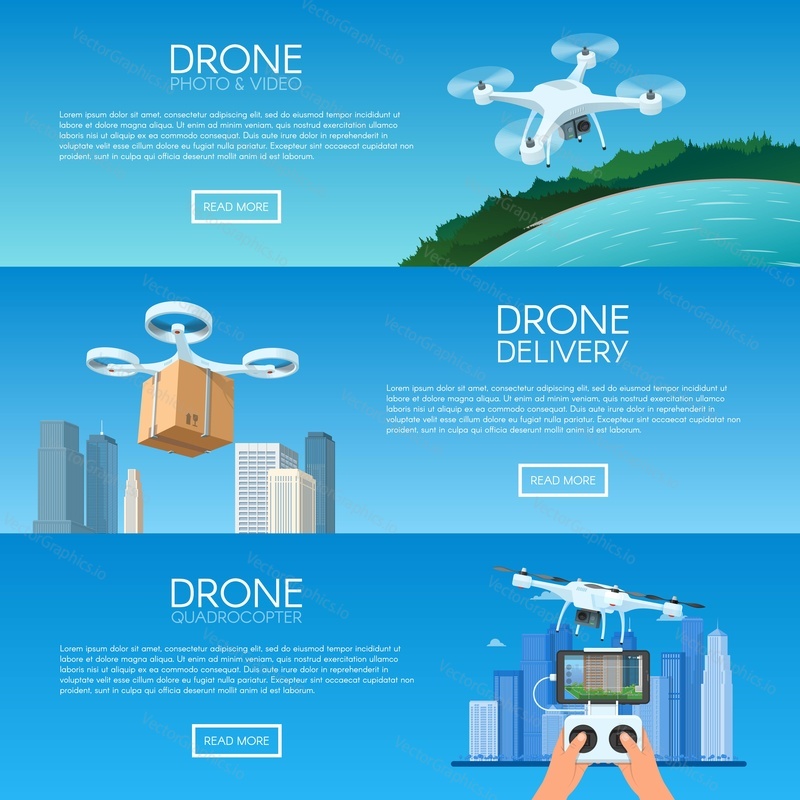 Drone with remote control flying over city. Pizza delivery by quadcopter. Aerial drone with camera taking photography and video concept vector illustration.