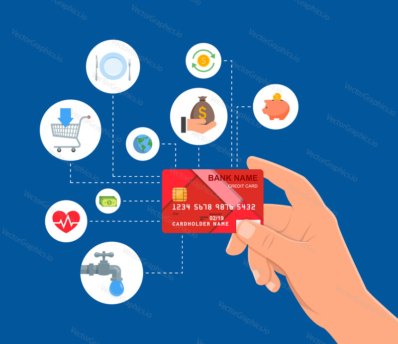 Credit card payments concept vector illustration in flat style. Financial design elements and icons. Hand holding bank card.