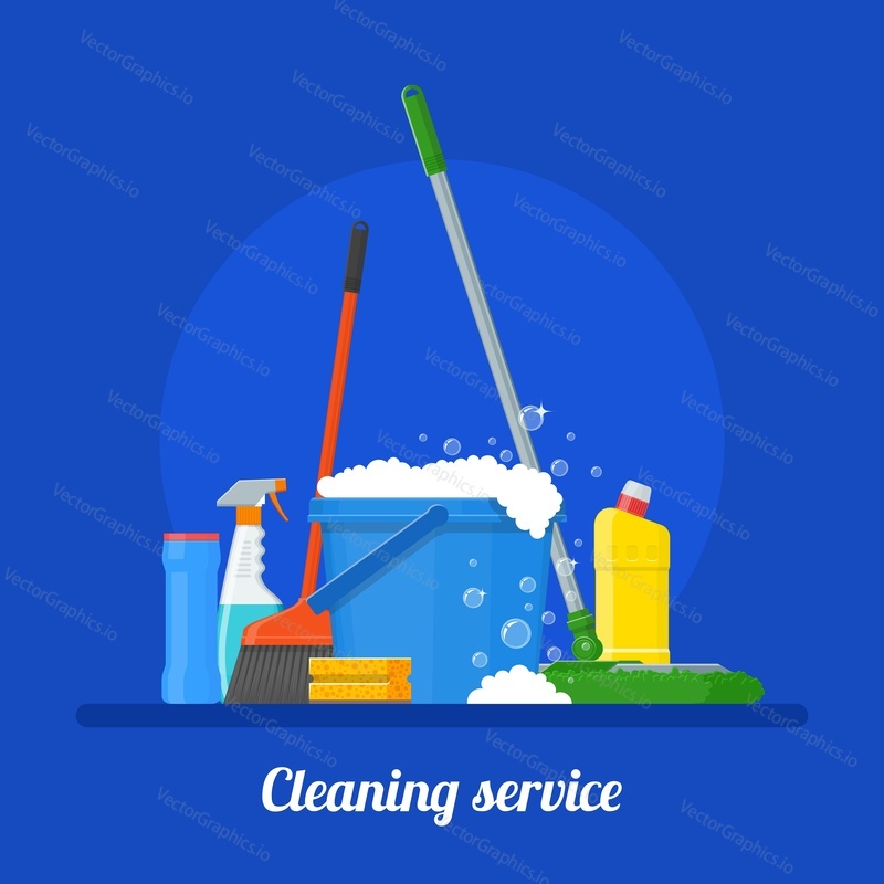 Cleaning service company concept vector illustration. House Cleaning tools poster design in flat style.