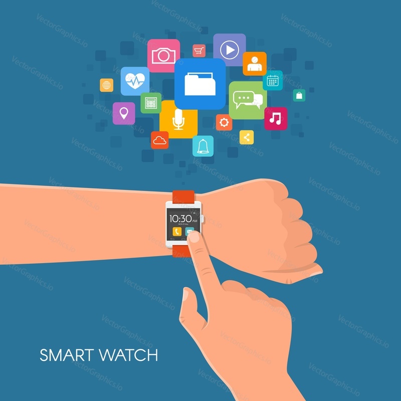Hand with smart watch. Vector illustration in flat style. Design elements and app icons.