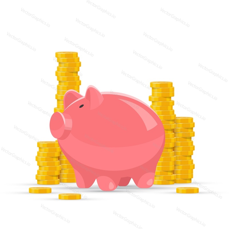 Saving money concept vector illustration. Pink piggy bank with golden coin piles on background.