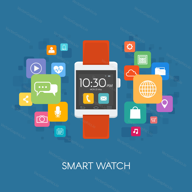 Smart watch with application icons.. Vector illustration in flat style.