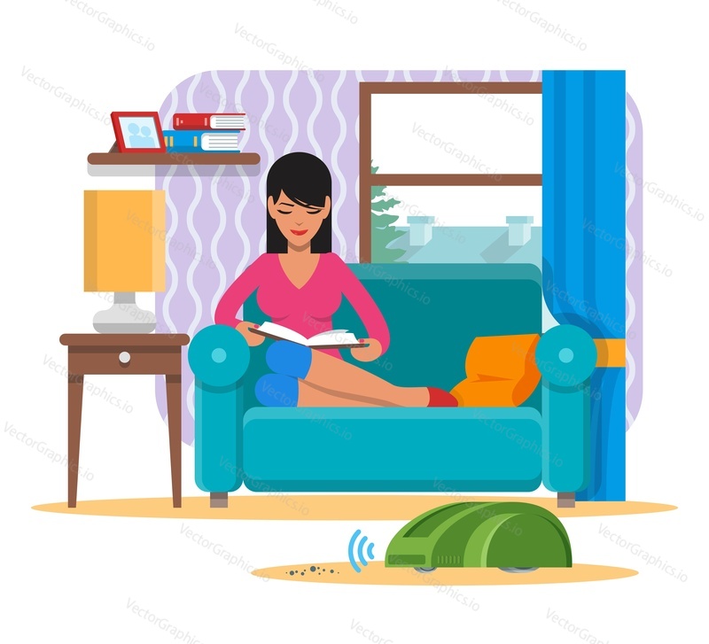 Woman reading book on sofa while vacuum cleaner domestic robot clean a room. Robotics technology concept vector illustration.