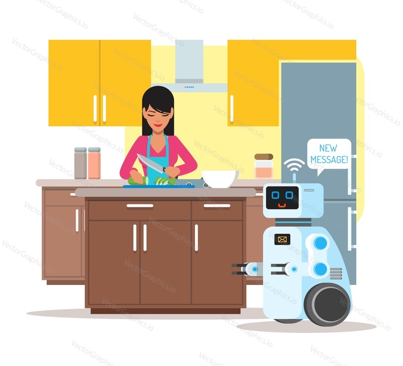 Domestic personal assistance robot helps his owner at home. Robotics technology concept vector illustration.