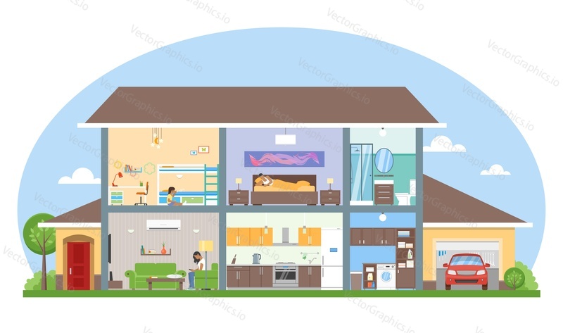 Home interior with room furniture vector illustration. Detailed modern house interior in flat style.