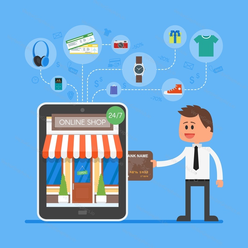 Online mobile shopping concept. Vector illustration in flat style design. Man buying products from tablet computer and make payment on internet.