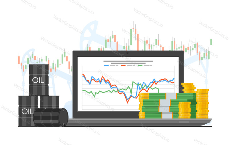 Barrel of oil price chart vector illustration in flat style. Stock chart on laptop screen. Pile of money, oil tanks.