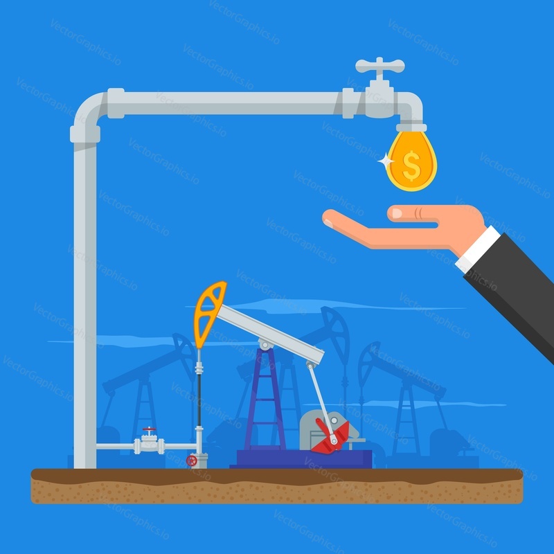 Transform oil to money concept. Get cash from oil pipe. Black gold. Oil pumps. Vector illustration in flat style. Oil and gas industry.