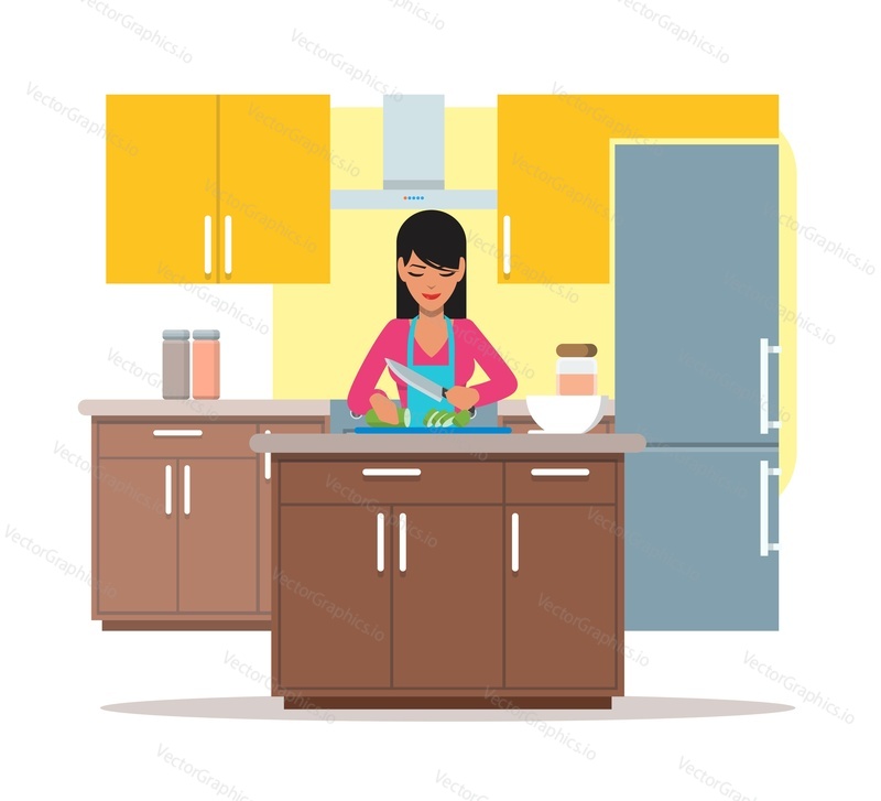 Vector illustration of young woman cooking salad, slicing cucumber. Kitchenware and furniture. Kitchen interior and cartoon character in flat design.