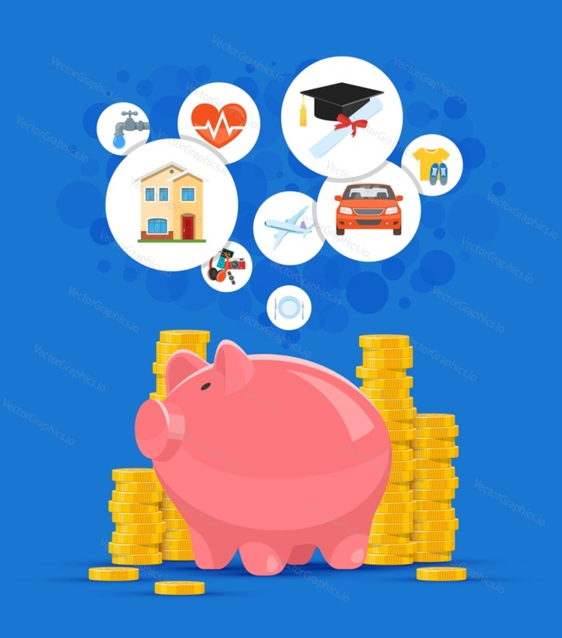 Saving money concept vector illustration. Pink piggy bank with golden coin piles on background.