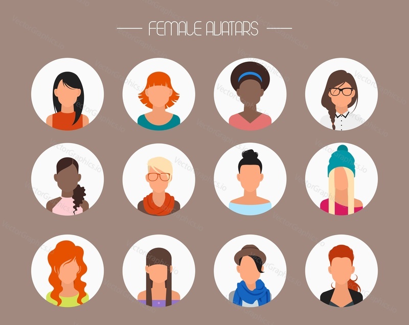 Female avatar icons vector set. People characters in flat style. Design elements isolated on background. Faces with different styles and nationalities.