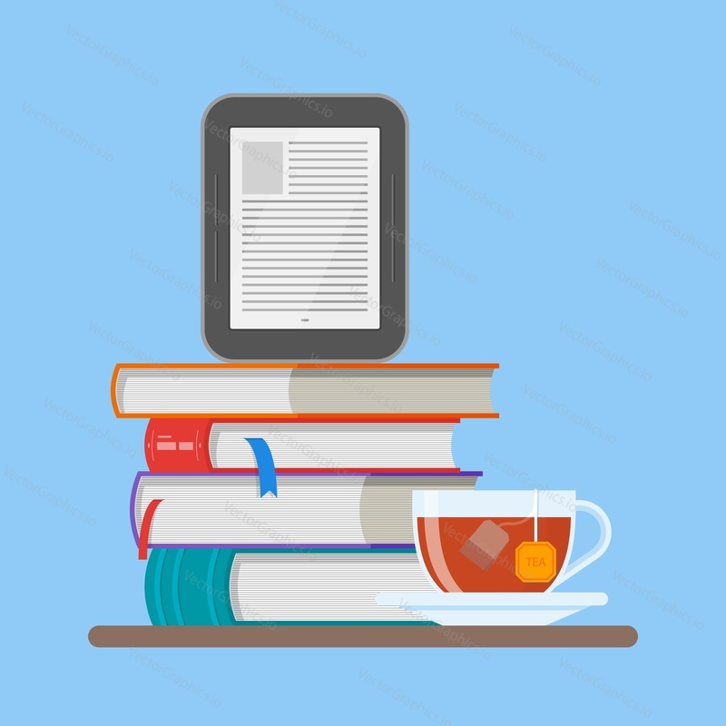 Electronic book concept vector illustration in flat style. Stack of books and e-book reader.