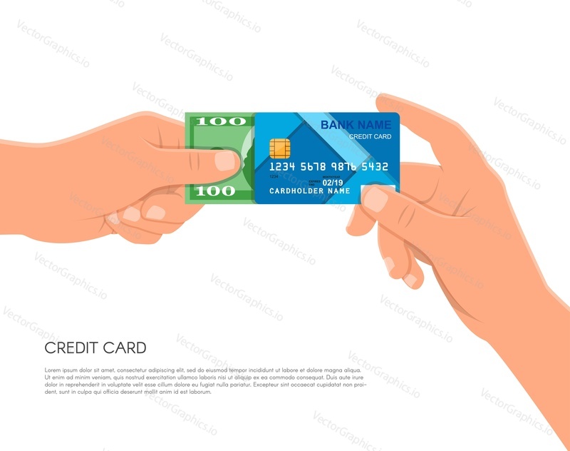 Human hand holding bank credit card and cash money. Financial and business payments concept vector illustration in flat style.