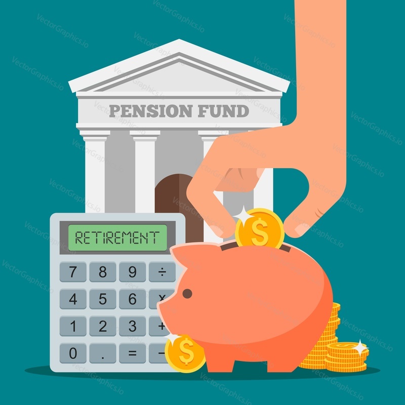 Pension fund concept vector illustration in flat style design. Finance investment and saving background with bank facade and money coins.