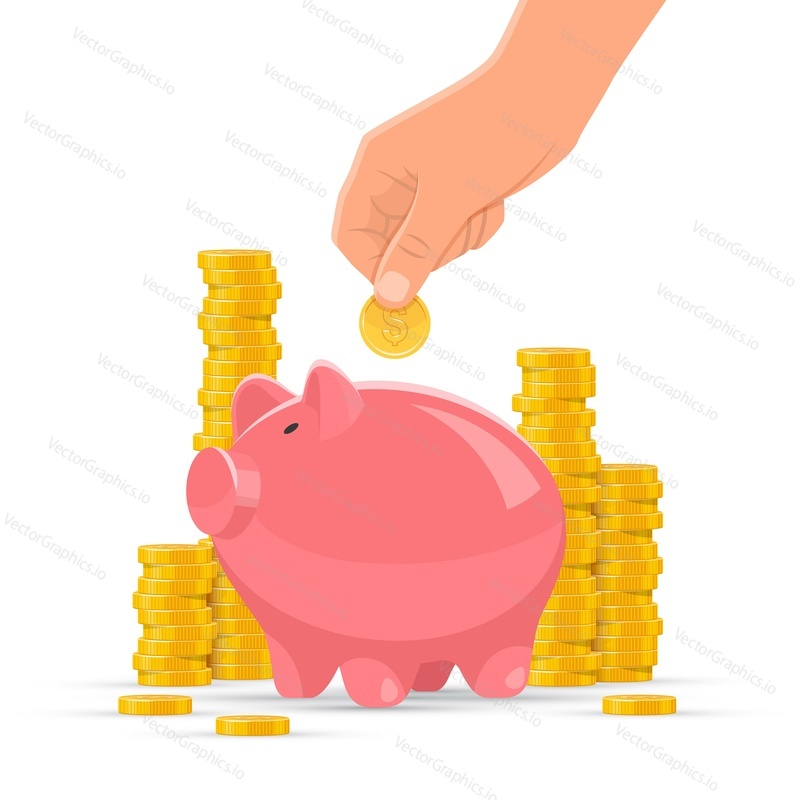Saving money concept vector illustration. Pink piggy bank with golden coin piles on background. Human hand put money in a piggy bank.