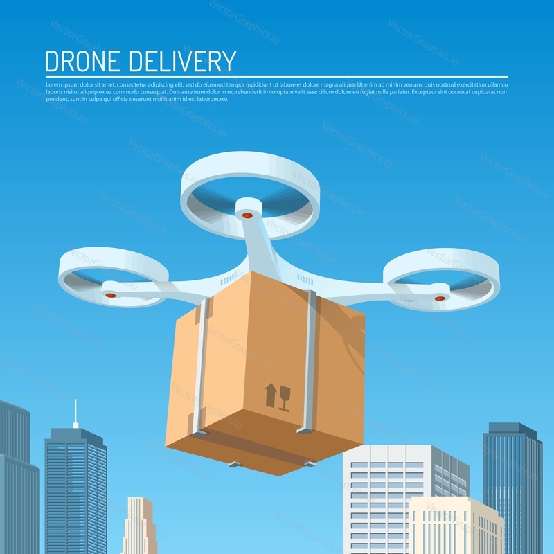 Drone delivery concept vector illustration. Quadcopter carrying a package to customer.