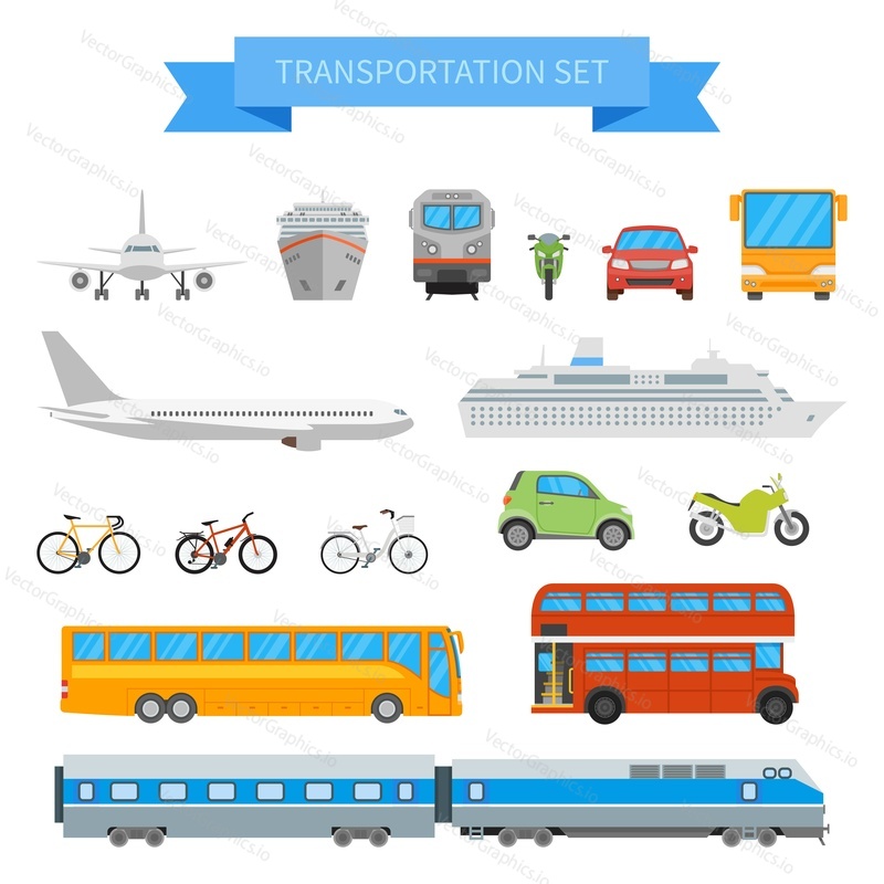Vector set of different transportation vehicles isolated on white background. Urban transport icons in flat style design. City cars, air plane, ship, train, bus, bicycle.