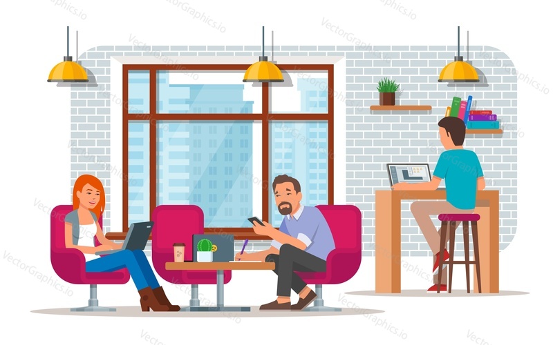 Coworking center concept vector illustration in flat style. Coworking team. Young men and woman making use of laptops and smart phone.